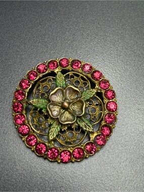 Vintage Floral Filigree Brooch with Pink Rhinestones West German
